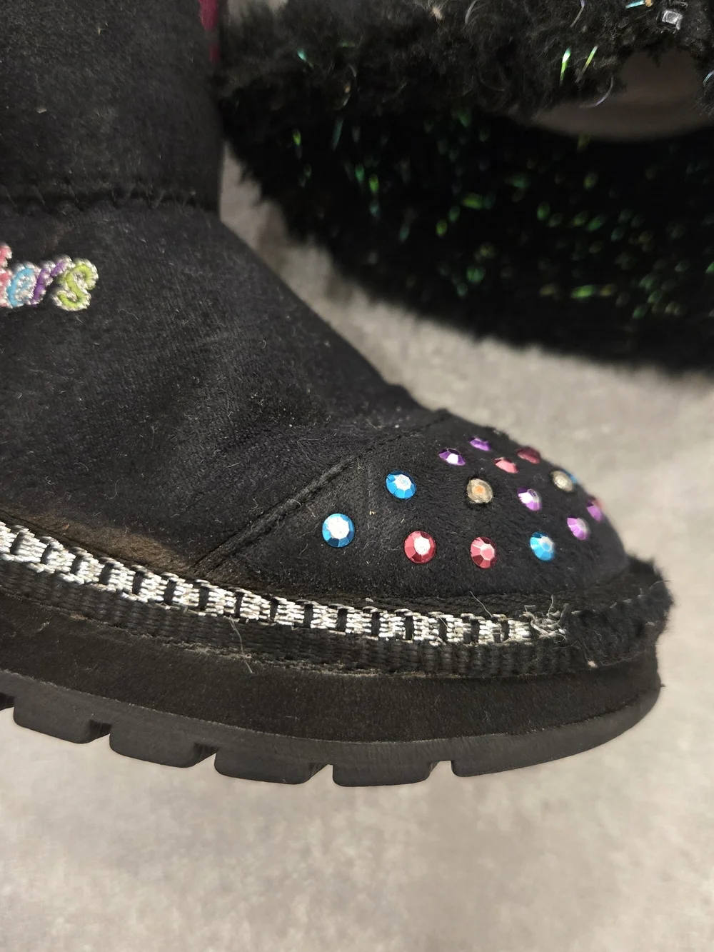 Kids Black Winter Boots with Multicolor Heart & Dot Accents